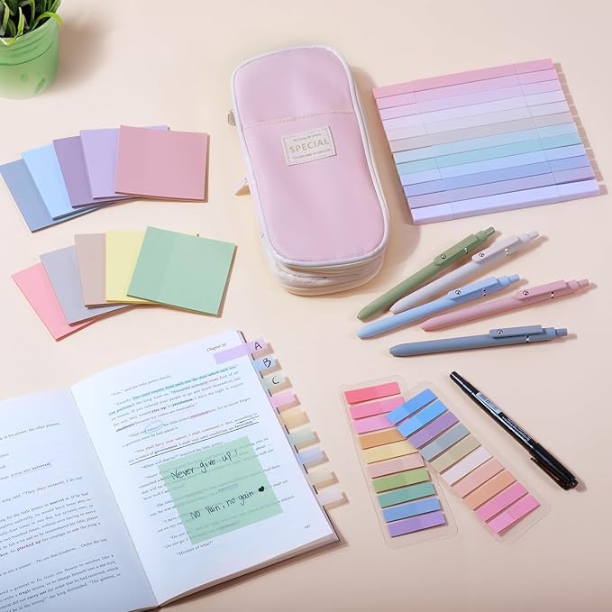49Pcs Book Annotation Kit - Aesthetic School Supplies with Cute Pen Case Highlighters Gel Pens and Marker, Sheets Transparent Index Tabs Sticky Notes Bible Study Supplies (Pink)