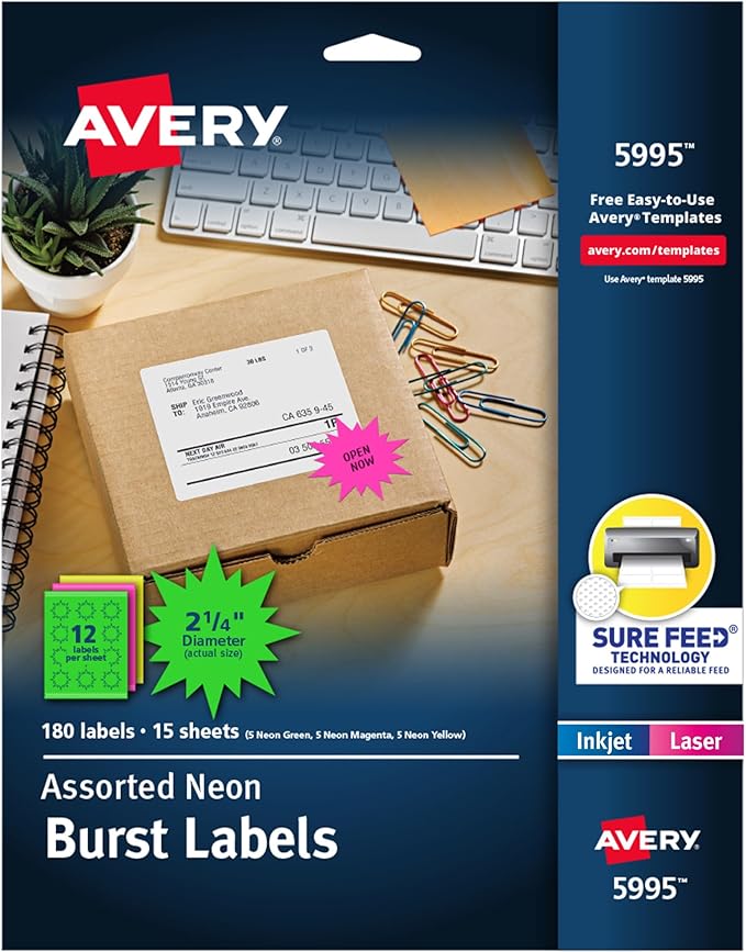 Avery Printable Burst ID Labels with Sure Feed, 2-1/4" Diameter, Assorted Neon Colors (Magenta, Green, and Yellow), Laser & Inkjet Compatible, 180 Blank Labels Total (5995)