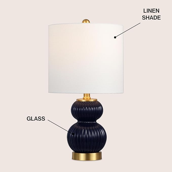 JONATHAN Y 20" Navy/Brass Gold Ribbed Gourd Glass Table Lamp, Modern Bedside Lamp for Bedroom Living Room, White Linen Drum Shade, LED Bulb Included (JYL1099D)