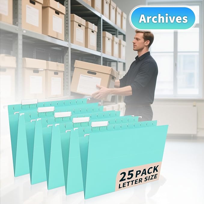 25-Pack Hanging File Folders,Letter Size,Includes 35 Transparent Label Cards & 50 Sticker Labels,1/5-Cut Tabs for Home & Office Organization(25, Aqua)