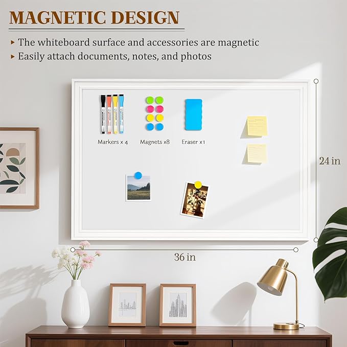 White Board for Wall, 36'' x 24'' Magnetic Dry Erase Board, Decorative Whiteboard with Plain White Wooden Frame, Hanging Writing Board for Home Office School Dorm