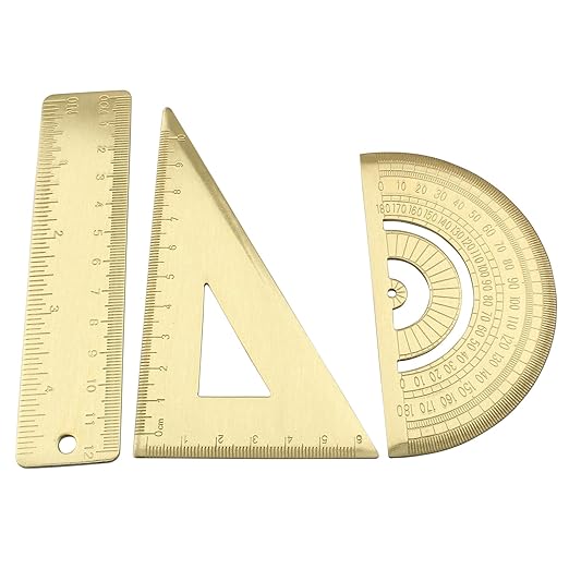 Brass Mini Ruler Set,Triangle Ruler & Protractor & 4 inch Straight Ruler,Drafting Ruler Set for Measuring, Drawing, Learning Math Geometry (3 Pack)