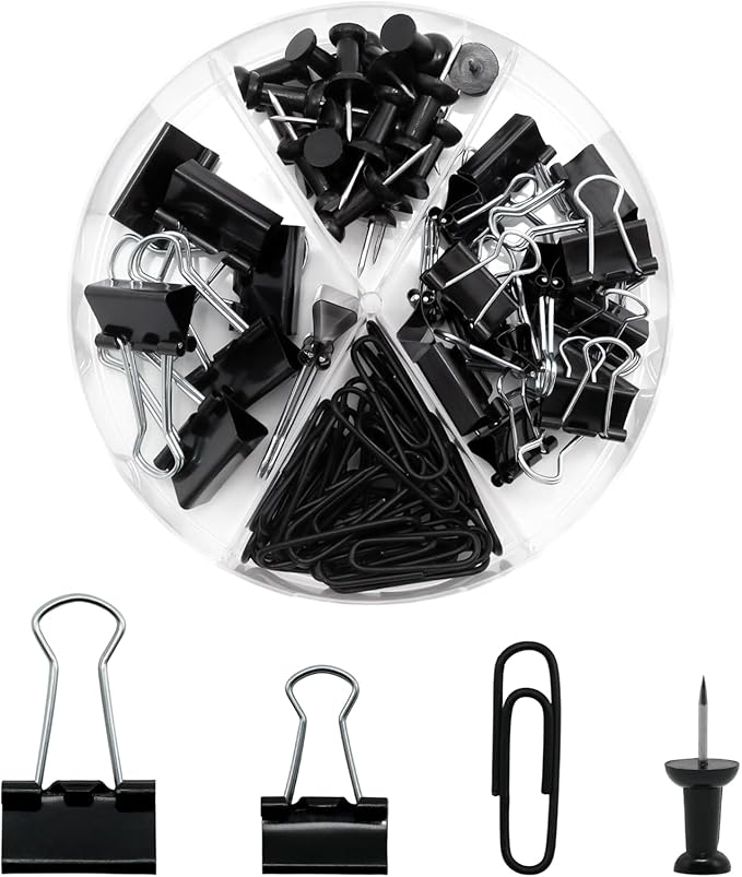 Office Supplies Set, Paper Clips, 72 Pcs, Push Pins and Binder Clips Set with Box for Office, School and Home(Black)