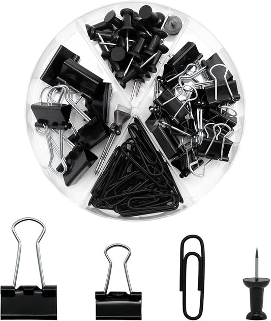 Office Supplies Set, Paper Clips, 72 Pcs, Push Pins and Binder Clips Set with Box for Office, School and Home(Black)