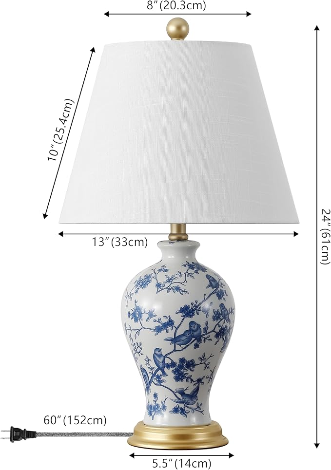 JONATHAN Y 24" Blue/White French Country Ceramic Floral Urn Table Lamp, White Linen Shade, Chinoiserie Ginger Jar Bedside Lamp for Living Room Bedroom, LED Bulb (JYL3009B)