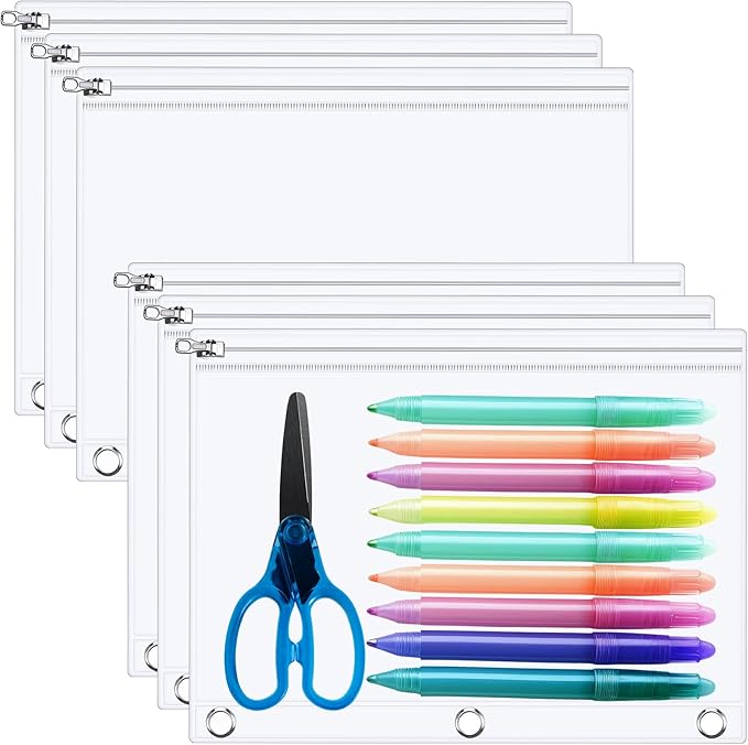 Lincia 6 Pack Clear Pencil Pouch for 3 Ring Binder Pencil Case with Zipper 3 Ring Binder Pocket Insert Bag 10 x 7'' Visible Cash Envelope with Re-enforced Grommet for Office (Clear)