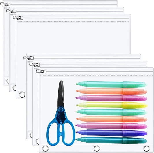 Lincia 6 Pack Clear Pencil Pouch for 3 Ring Binder Pencil Case with Zipper 3 Ring Binder Pocket Insert Bag 10 x 7'' Visible Cash Envelope with Re-enforced Grommet for Office (Clear)