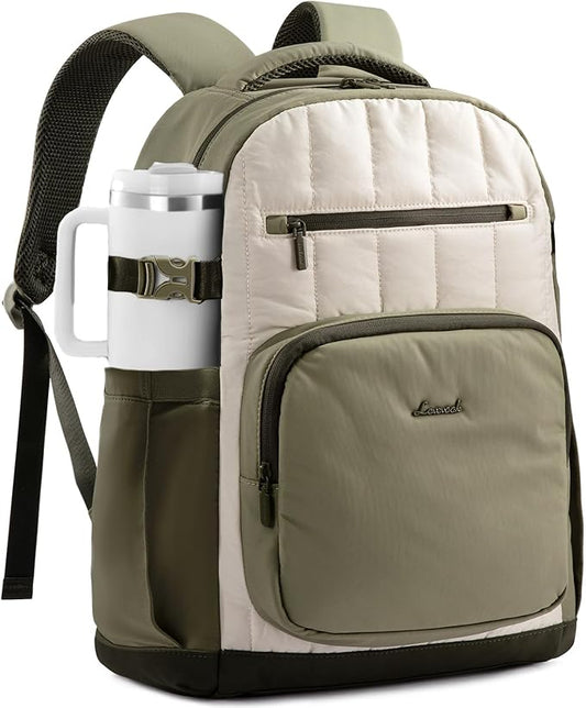 LOVEVOOK Laptop Backpack for Women with Giant Tumbler Holder Pocket,15.6 Inch Puffer Travel College Work Backpack Purse for Teacher Nurse,Casual Laptop Bag Computer Back Pack Daypack,White-Green-Black