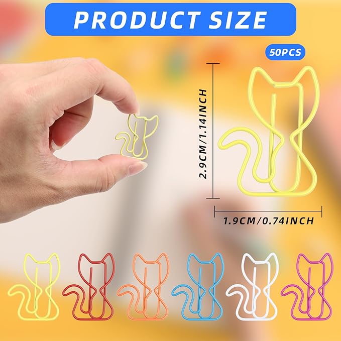 50 PCS Mixed Color Cat Paper Clips & Bookmarks | Multicolor Cat School Supplies, Office Stationery & Themed Gifts for Teachers, Cat Lovers, Women, Students & Coworkers
