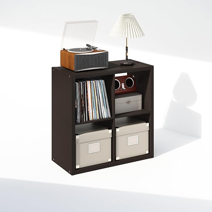 Furinno Cubicle Record Player Stand with Vinyl Storage, 4-Cube 1.2 Extra Thick Vinyl Record Storage, Open Back Media Shelf for CD DVD Blueray Game Disc, for Living Room, Home Office, Black Dark Oak