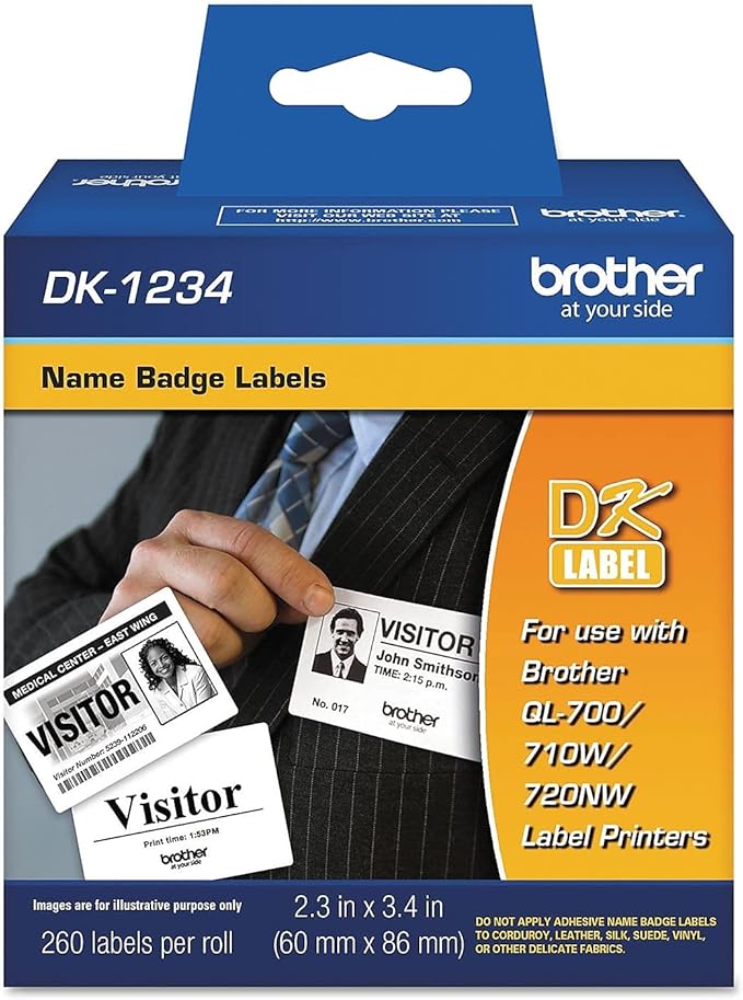 Brother Genuine DK-1234 Die-Cut Adhesive Name Badge White Paper Labels for Brother QL Label Printers, 2.3" x 3.4" (60mm x 86mm), 260 Labels per Roll, DK1234