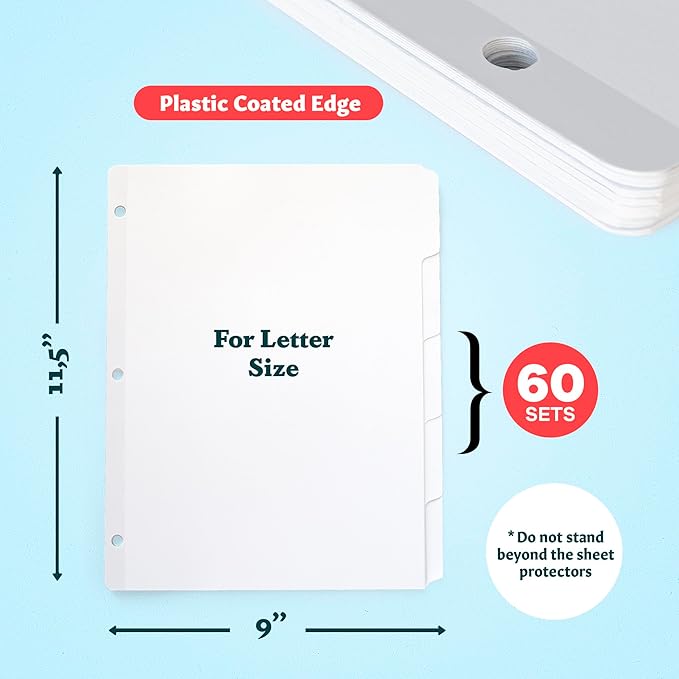 Paper Plan 3 Ring Binder Dividers with Tabs - (Set of 60) x 5 White, Reinforced Edge - Ideal for Keeping Your Documents Neat and Professional