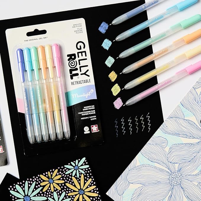 SAKURA Gelly Roll Retractable Gel Pens Colored - Opaque Color Set - Medium Point Ink Pen for Journaling, Art, or Drawing - Writes on Black Paper - Colored Gel Pens with Pastel Moonlight Ink - 6 Pack