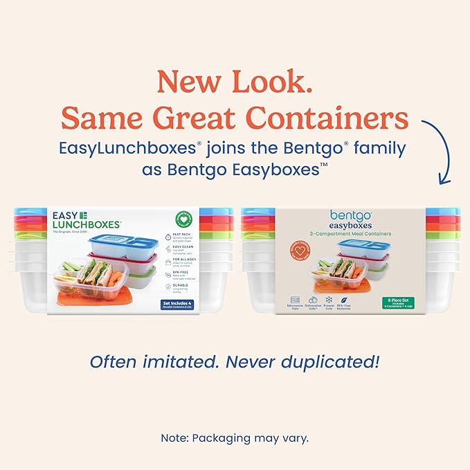 Bentgo Easyboxes - Original Stackable Lunch Boxes - Reusable 3-Compartment Food Containers for Kids and Adults - Bento Lunch Box for Meal Prep, School, & Work - BPA Free, Set of 4 (Classic)
