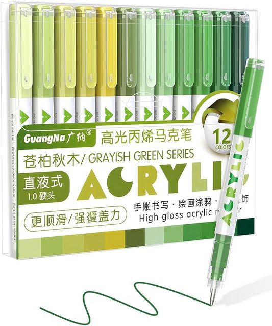 Guangna Green Acrylic Gel Pens 12 Color, Colored Pens for Journaling, Coloring Books, Calligraphy, Note Taking & DIY Crafts, RollerBall Pen Tip