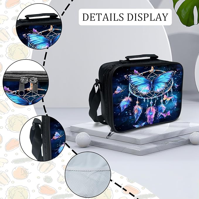 Butterfly Backpack Set 3 Piece School Bags and Lunch Box with Pencil Case Blue Butterfly Dream Catcher Bookbag Set for Toddler Kids Girls Boys Teens Kindergarten Elementary Middle
