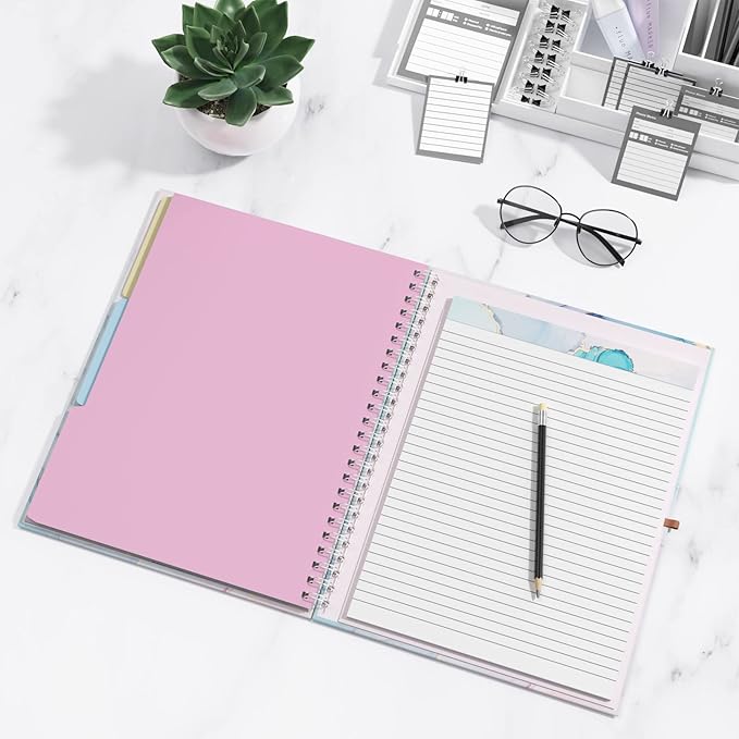 Rimilak Spiral Clipboard Folio with Refillable Lined Notepad, 14.5 x 9.8 In, Hardcover Cover with 5 Interior Pockets, Elastic Band and Pen Loop Series. Cute Stylish Clipfolio, Purple Marble