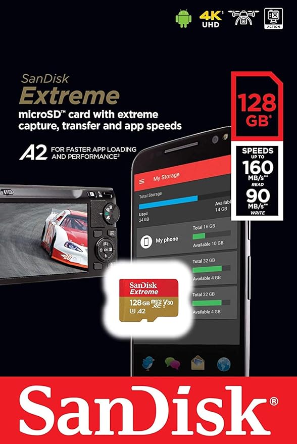 SanDisk 128GB Micro SDXC Memory Card Extreme Works with GoPro Hero 8 Black, GoPro Max 360 Action Camera U3 V30 4K A2 Class 10 (SDSQXA1-128G-GN6MN) Bundle with (1) Everything But Stromboli Card Reader