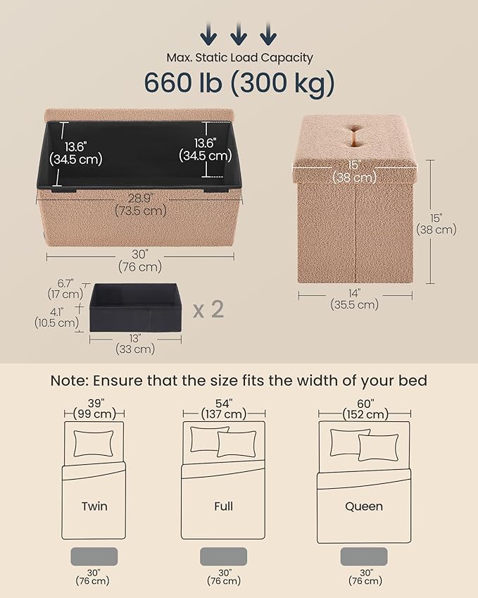 SONGMICS Storage Ottoman Bench, Storage Chest, 15 x 30 x 15 Inches, Foot Rest Stool, End of Bed Bench, Load up to 660 lb, for Living Room, Bedroom, Entryway, Camel Brown ULSF096K01