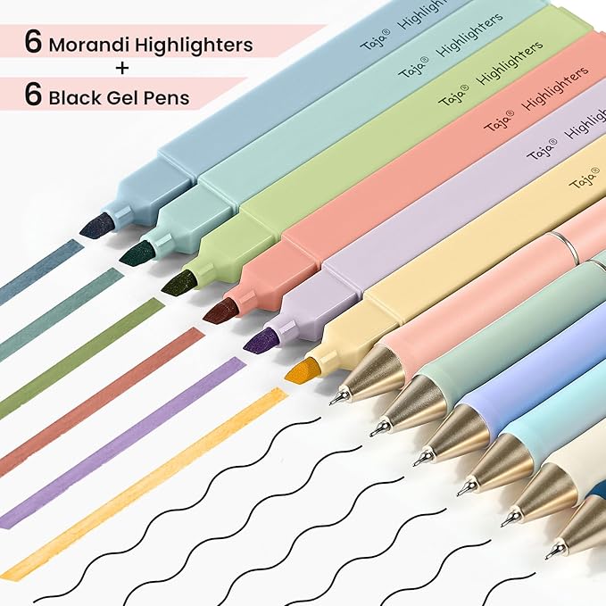 Taja 12 Pack Bible Highlighters and Pens Set No Bleed, 6 Aesthetic Pastel Highlighters and 6 Black Ink Pens for Bible Study, Journaling, School and Office Supplies