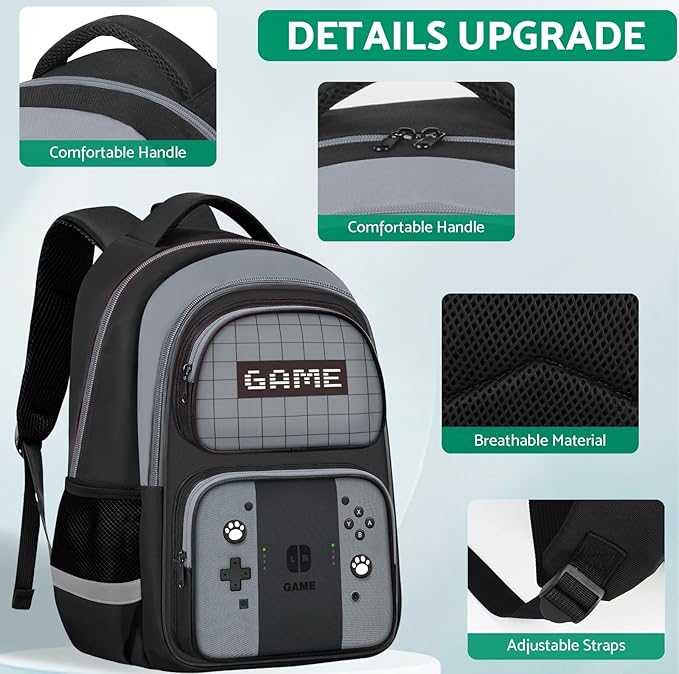 Kids Backpack For Boys，Gamer Boys Backpack For Children Teens Elementary Middle School, 17″ Students Bookbag