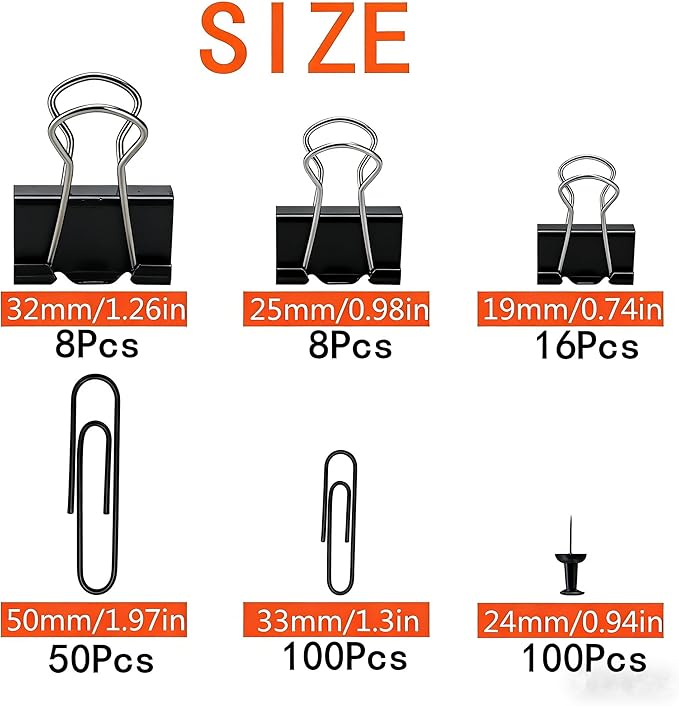 282 Pcs Black Office Clips Set Binder Clips and Paper Clips Push Pin Colored Assorted Sizes Small Medium Large for Home School Office Supplies