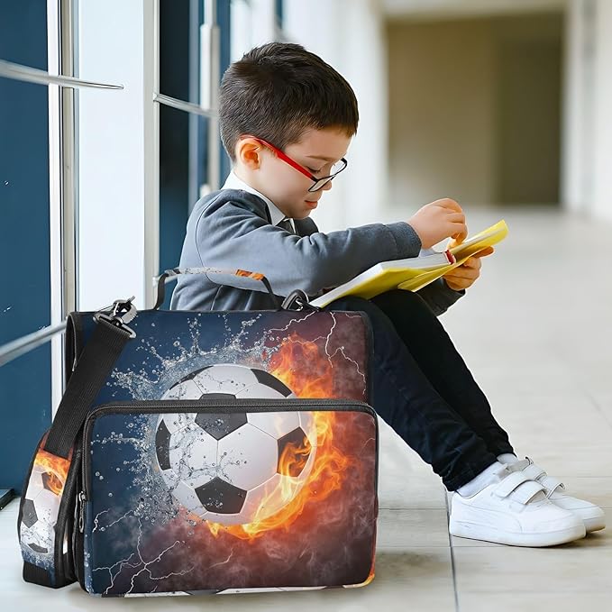Water Fire Soccer Zipper Binder Bag 3 Ring Binder with Shoulder Strap Zip Up 500 Sheets Capacity Multi Pockets for School Office Supplies