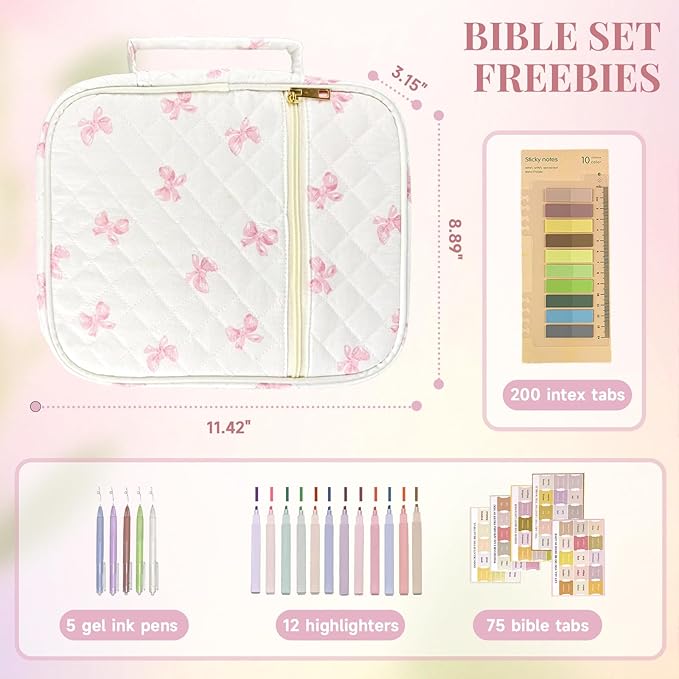 Bible Cover Case for Women,Bible Study Supplies Accessories,Bible Journaling Kit,Pink Flower Carrying Case with Highlighters