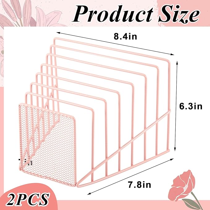 2 Pcs 7 Section Wire File Organizer for Desk, Metal Mesh Incline File Holder, Letter & Magazine Folder Rack, Desktop Paper Sorter for Home Office School (Pink)