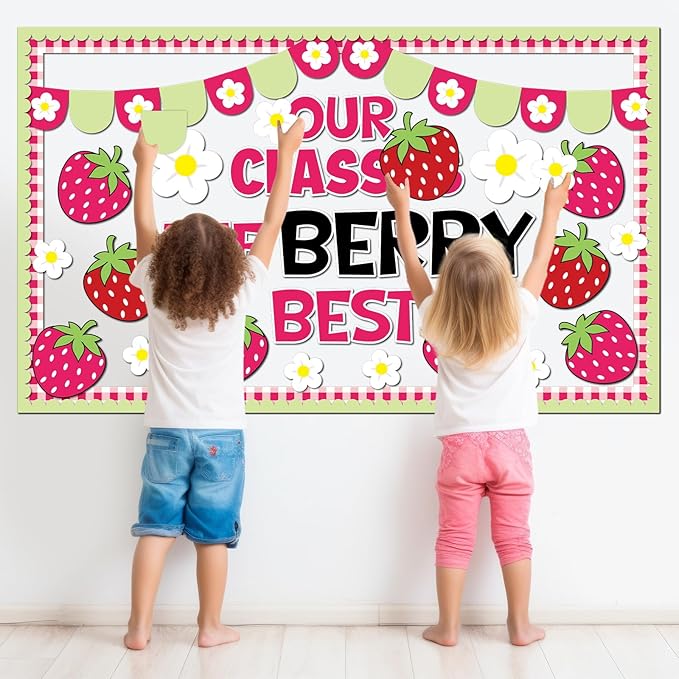 ZOIIWA Back to School Strawberry Bulletin Board Decorations Berry Flower Classroom Decor Bulletin Board Borders Pink Paper Cutouts Set for Teacher School Office Supplies Summer Spring Party Wall Decor