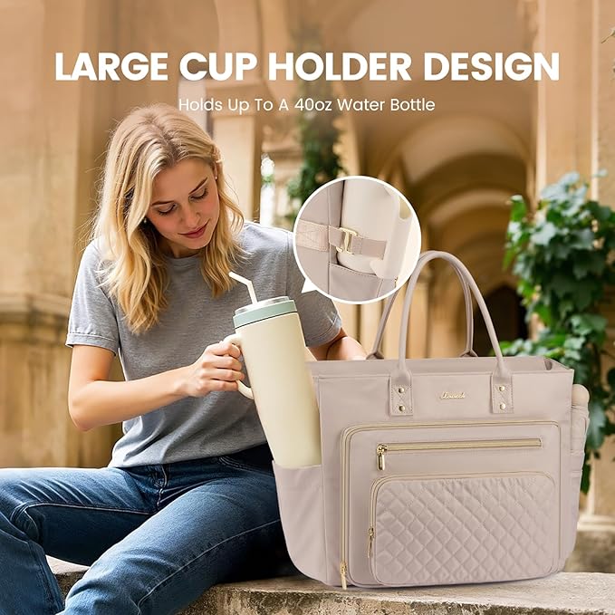 LOVEVOOK Teacher Tote Bag for Women Work, Laptop Bag With Large Cup Holder, Nurse Bags Professional Briefcase Business Computer Purses Handbag,Light Pink,17.3 Inch