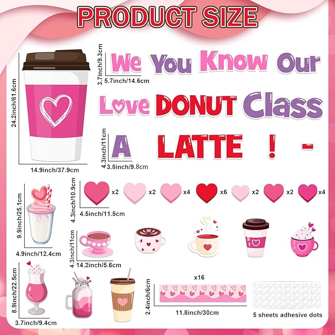 Valentine's Day Latte Bulletin Board Set Coffee Theme Classroom Decoration Valentines Coffee Cup Heart Motivational Paper Cutouts for School Classroom Party Chalkboard Wall Decor Teacher Supplies