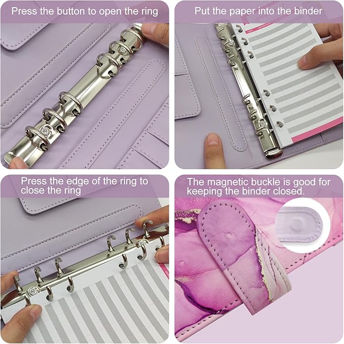 A6 Refillable 6 Ring Faux Leather Budget Binder,Mini Notebook Binder Cover for A6 Filler Paper,Loose Leaf Personal Planner Cover with Magnetic Buckle Closure (Marble Purple)