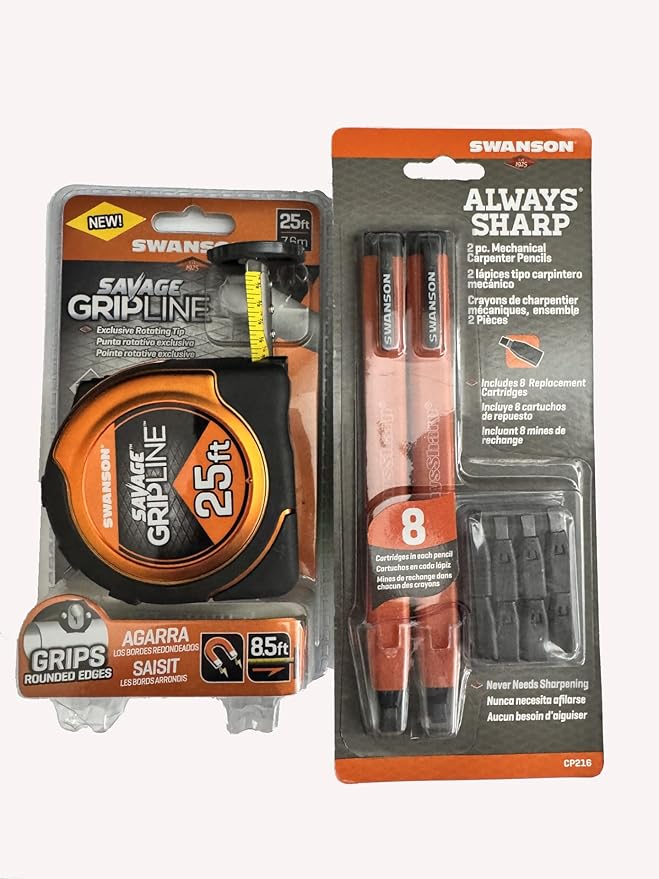 Swanson Tool Co SVGL25M1/CP216 Value Pack featuring a 25 Foot Gripline Tape Measure and 2 Mechanical Pencils with Black Graphite Replacement Tips