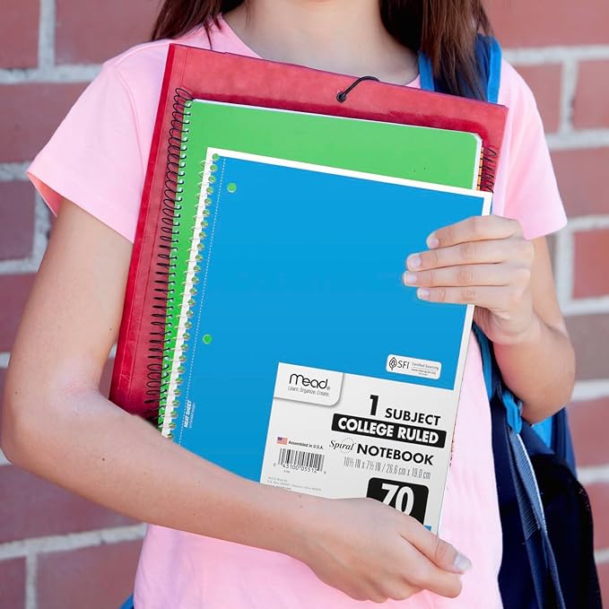 Mead Spiral Notebook, 6 Pack, 1 Subject, College Ruled Paper, 7-1/2" x 10-1/2", 70 Sheets per Notebook, Assorted Bright Colors (830050-ECM)