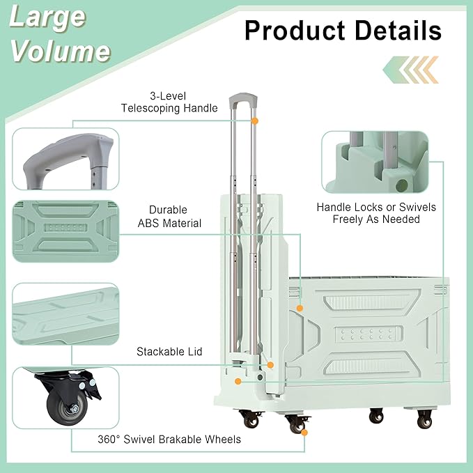 VECELO Foldable Shopping Cart with Wheels, Collapsible Rolling Crate for Groceries, Folding Storage Box with Handle, Three Modes of Use, Ideal for Teacher, Trip, Outdoors, Etc., 23GAL, Green