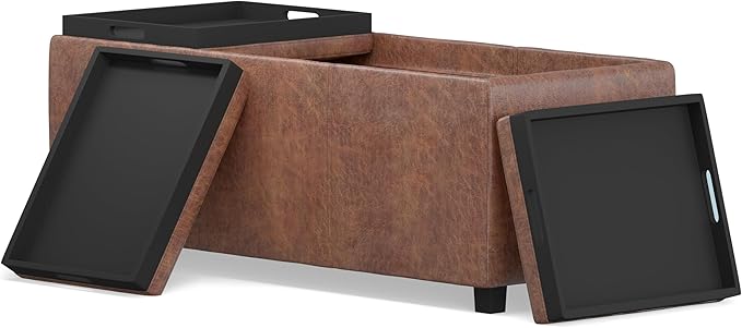 SIMPLIHOME Avalon Storage Ottoman - 42 inch Wide Upholstered Vegan Leather Rectangular Flip-Top Ottoman in Distressed Saddle Brown, Contemporary Coffee Table Ottoman for Living Room with Storage