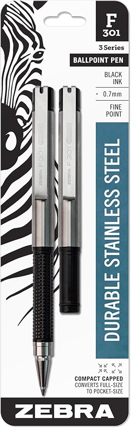 Zebra Pen F-301 Compact Ballpoint Black Ink Fine Point 0.7mm Pen, Easy-Glide Ink, Stainless Steel Retractable, Non-Slip Grip, Converts from Full Size to Pocket Size, 2-Pack (27412)