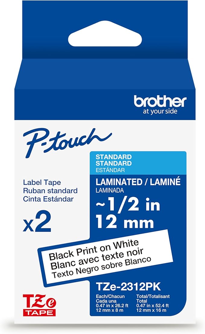 Brother Genuine TZe231-1/2 2PK Black Print on White Label Tape. Each: 0.47 in x 26.2 ft (12 mm x 8 m) Total: 0.47 in x 52.4 ft (12 mm x 16 m)