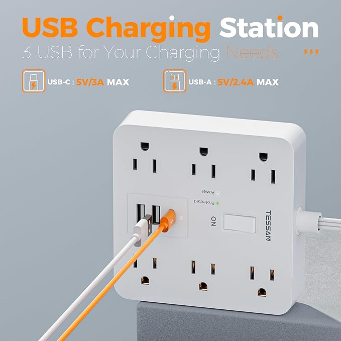 Surge Protector Power Strip with 1700 Joules Protection, TESSAN 5FT White Extension Cord with 6 AC Outlets, 3 USB Ports(1 USB C), Multiple Outlets Flat Plug Power Strip, for Home Office Dorm