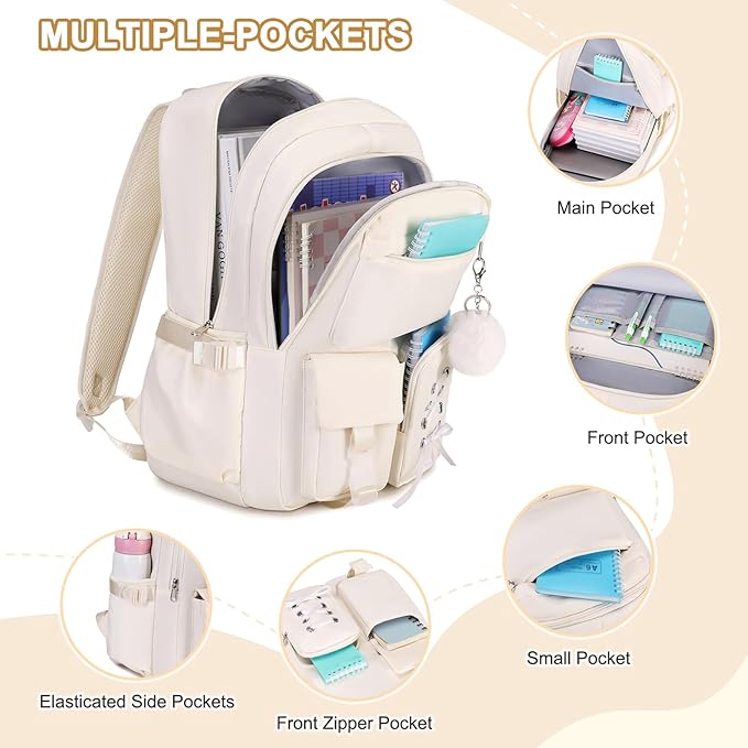 Backpacks for Girls, Girls Backpack with Lunch Box & Pencil Pouch for Teens Girl Kids Elementary Middle High School College Student Bookbag Daypack Laptop Travel Backpack for Women (Beige)
