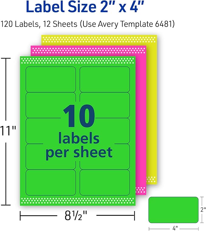 Avery Printable Labels with Sure Feed, 2" x 4", Assorted Neon Colors (Green, Magenta, and Yellow), Removable Adhesive, Laser & Inkjet Compatible, 120 Blank Labels Total (6481)