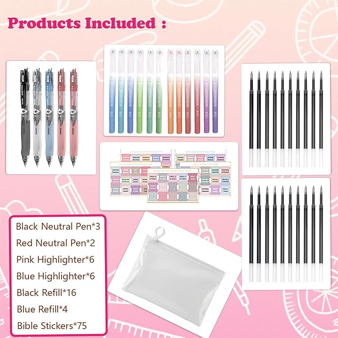 CHANGLi Bible Study Gel Pen Set with Highlighters-3 Black 2 Red Gel Pens, 12 Dual-Tip Pastel Highlighters, 75 Bible Index Tabs&20 Refills-No Bleed, Smooth Writing-Perfect Christian Gift for Journaling