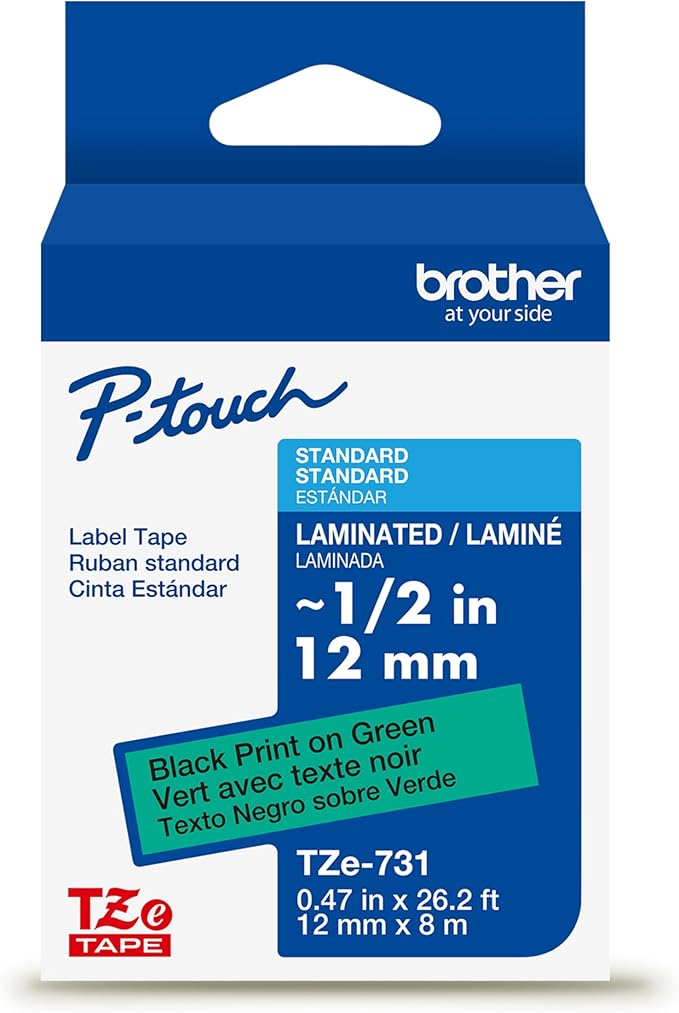 Brother Genuine P-Touch TZe Black Print on Green Label Tape (TZe731), Laminated,1/2in x 26.2ft (12mm x 8m), for Select P-Touch Label Makers, Durable, Water-Resistant, Indoor/Outdoor Use