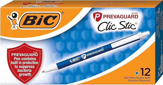 BIC PrevaGuard Clic Stic Ballpoint Pen Contains Built-in Protection On the Pen To Suppress Bacteria Growth, 12-Count