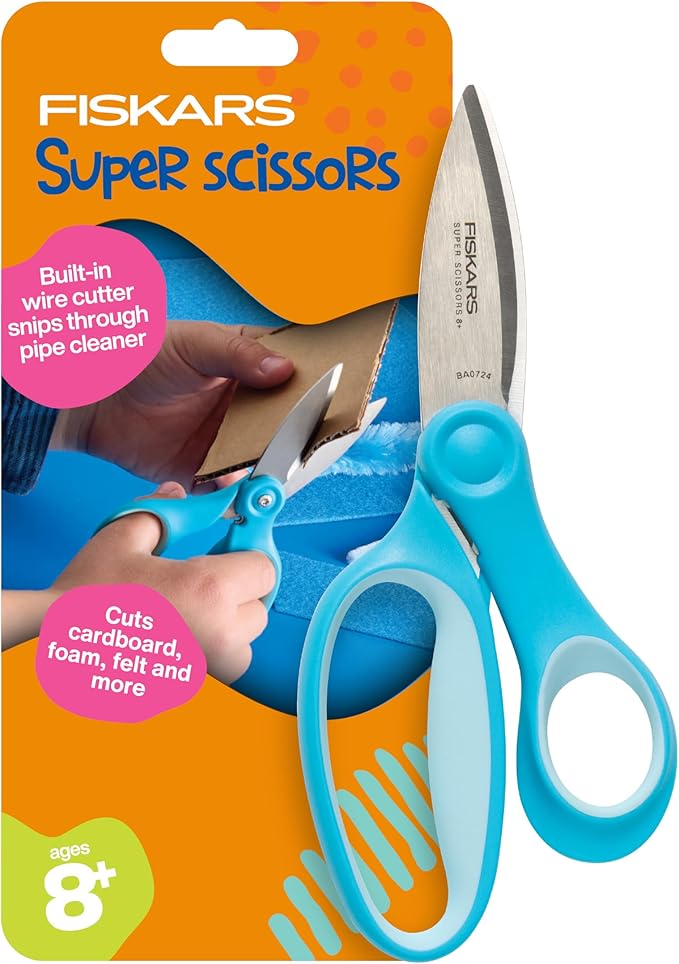 Fiskars Kids Cardboard Creator – Safer Cardboard Cutting Tool with Ergonomic SoftGrip Handle, for Craft and School Supplies, 5 Inches, Rubber and Stainless Steel