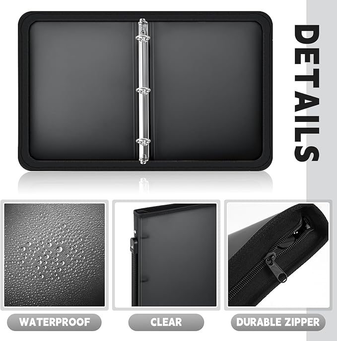 Teling 4 Pcs 1 Inch Black Zipper Binder with 3 Ring Zipper Binder, Refillable Plastic Clear File Organizer Planner for Projects, Assignments, Memos, School Work, 11.3 x 9.6 Inch