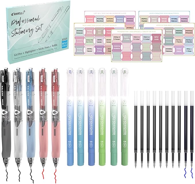 CHANGLi Bible Study Gel Pen Set with Highlighters-3 Black 2 Red Gel Pens, 6 Dual-Tip Pastel Highlighters, 75 Bible Index Tabs&10 Refills-No Bleed, Smooth Writing-Perfect Christian Gift for Journaling
