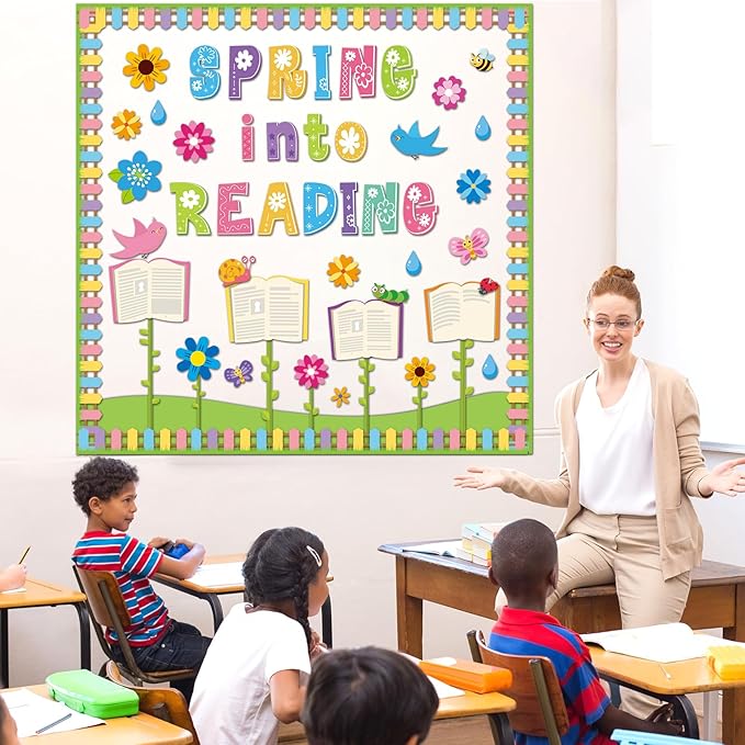 gisgfim Spring Reading Bulletin Board Decorations Set Classroom Spring Into Reading Bulletin Board Butterflies Flowers Cutouts Bulletin Board Borders Decor for School Library Chalkboard Wall(Spring)