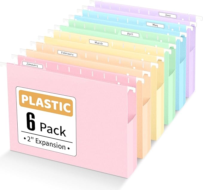 Sooez Extra Capacity Plastic Hanging File Folders, 6 Count Expanding File Folders Letter Size with 2" Expansion, File Organizer with 1/6-Cut Adjustable Tab for File Cabinet, Drawer, Pastels Colors